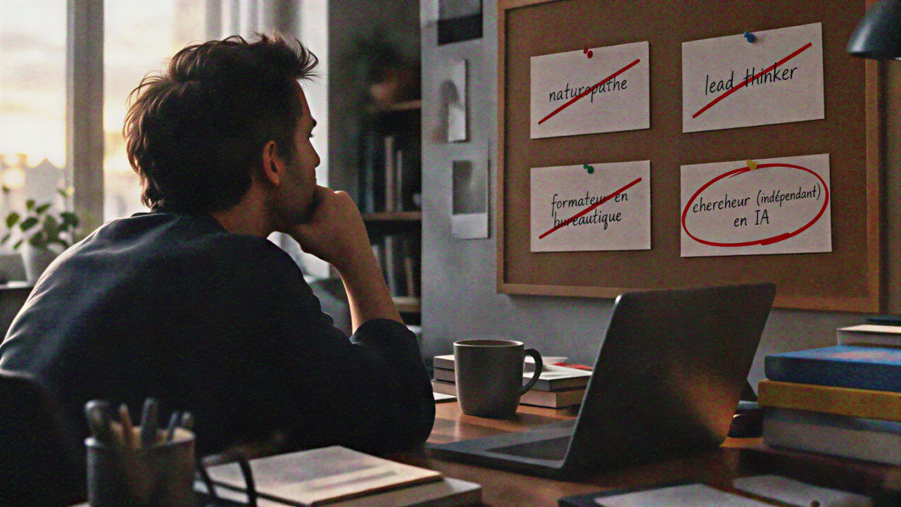 A man seen from behind, at his desk, looks at a corkboard where four handwritten cards each propose a job title; three are struck through in red marker, the fourth is circled.